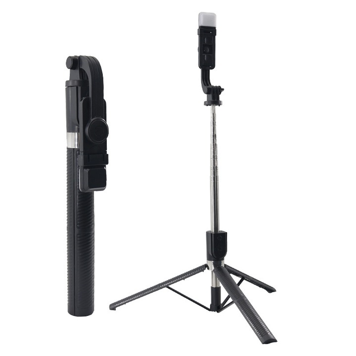 Selfie stick Bluetooth, cu lumina, telecomanda fara fir, multifunctional, potrivit pentru selfie-uri, transmisie in direct, negru