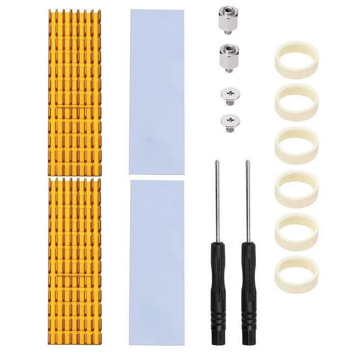 Комплект от 2 пасивни охладителя, JENUOS®, за SSD M2, 70x22x6 mm, алуминиев корпус, включена термотрансферна лента, злато