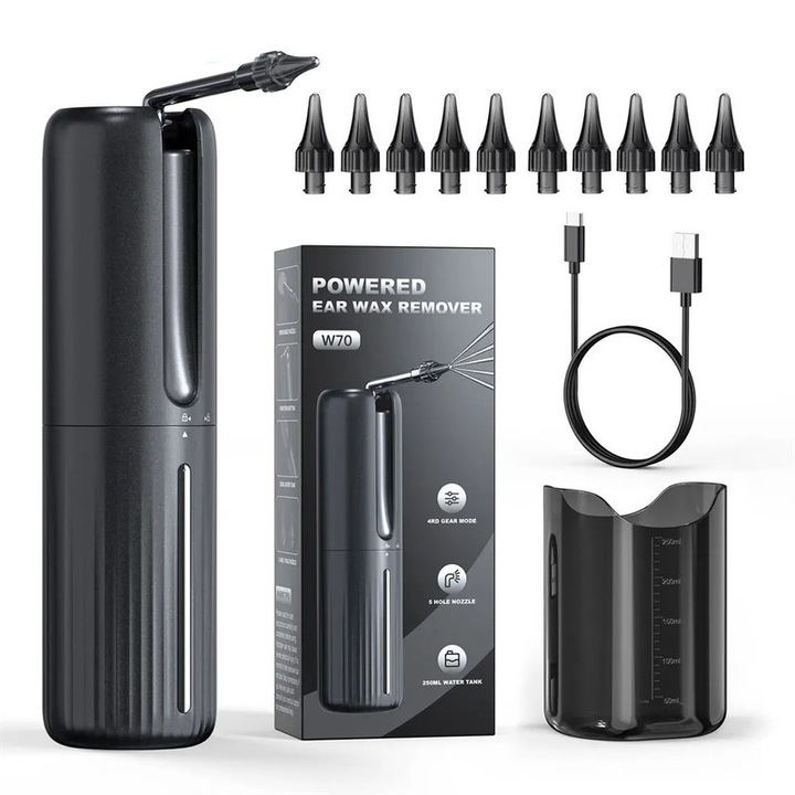 Dispozitiv curatare urechi, WALALLA, 4 moduri presiune, IPX67, 250ml, Negru