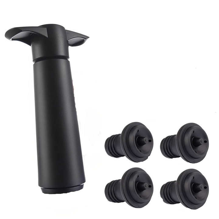 Set pompa vidare/4 dopuri sticle vin, Plastic, Negru