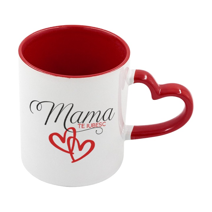 Cana alba personalizata, interior rosu si maner rosu in forma de inima, Colectia Mama, 8 Martie, Ziua Mamei, Model 2, 350 ml