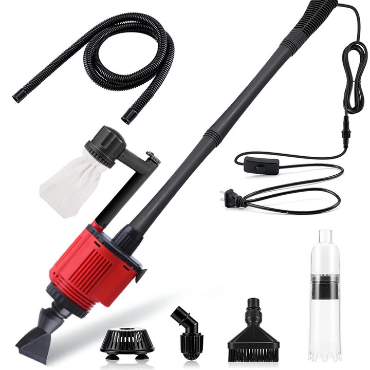 Aspirator electric acvariu 6 in 1, WALALLA, retractabil 47-115cm, 1800 L/H, 28W, pentru curatare si filtrare acvariu, negru