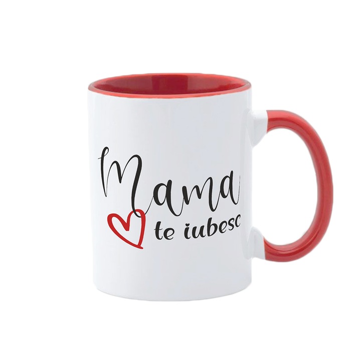 Cana alba personalizata, interior rosu si maner rosu, Colectia Mama, 8 Martie, Ziua Mamei, Model 1, 350 ml