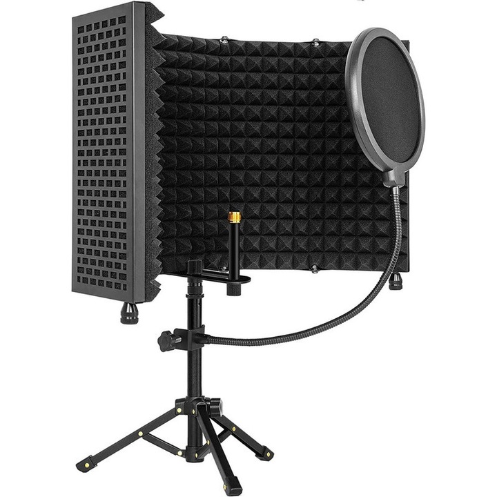 Изолиращ панел за микрофон, WALALLA, Сгъваем, 150 градуса, Статив, 21 см, Черен