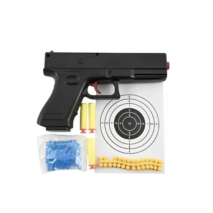 Set Pistol de jucarie, 4 in 1, glont de spuma, glont de cauciuc, glont cu bile, tinta de tragere, negru, 19 cm