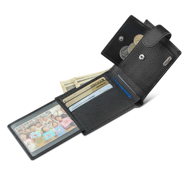 Portofel pentru Barbati din Piele Naturala de Calitate Superioara, cu Loc de Pemis, Buzunar de Monezi, Buzunar cu Fermoar si cu Protectie RFID, Negru, PriStyle®