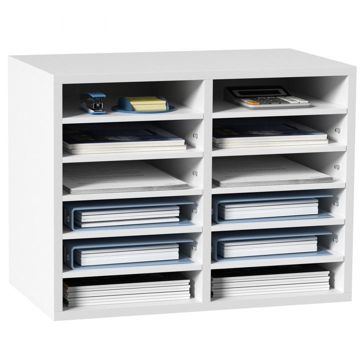 Dulap Organizator pentru Dosare, 12 Compartimente Ajustabile, pentru Sortare, 410 x 305 x 520 mm, PAL P2, Alb