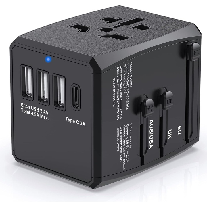 Adaptor de calatorie universal 0806BM-BST4011385, 3x USB-A 2.4A + USB-C 3A, pana la 1920W, compatibil A/B/C/E/F/G pentru 200+ tari, negru