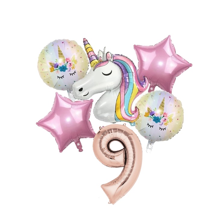 Set 6 baloane folie aniversare 9 ani, folie figurina Unicorn, zi de nastere, 2 baloane folie rotunde Happy Birthday, 2 stelute roz si cifra folie roz