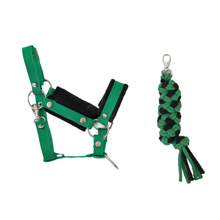 Set capastru/franghie impletita pentru cal de jucarie, Super Hobby Horse, Plus/Bumbac/Metal, Verde/Negru