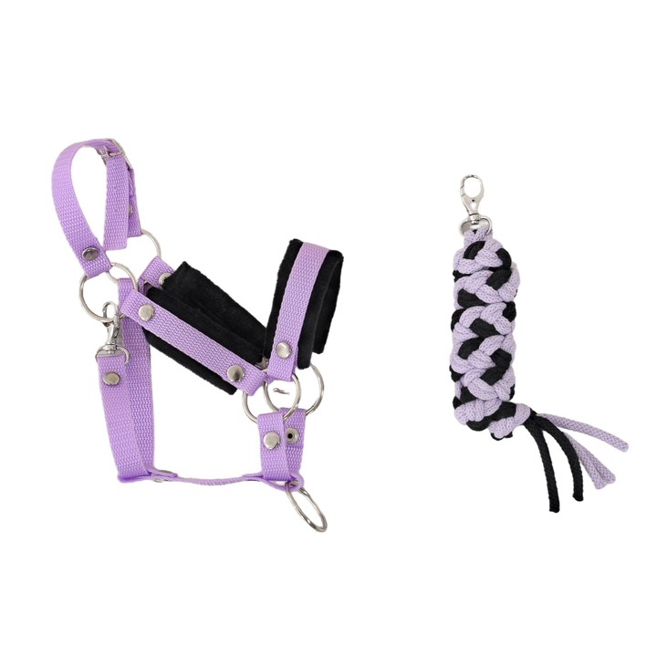 Set capastru/franghie pentru cal de jucarie, Super Hobby Horse, Bumbac/Plus/Metal, Negru/Violet