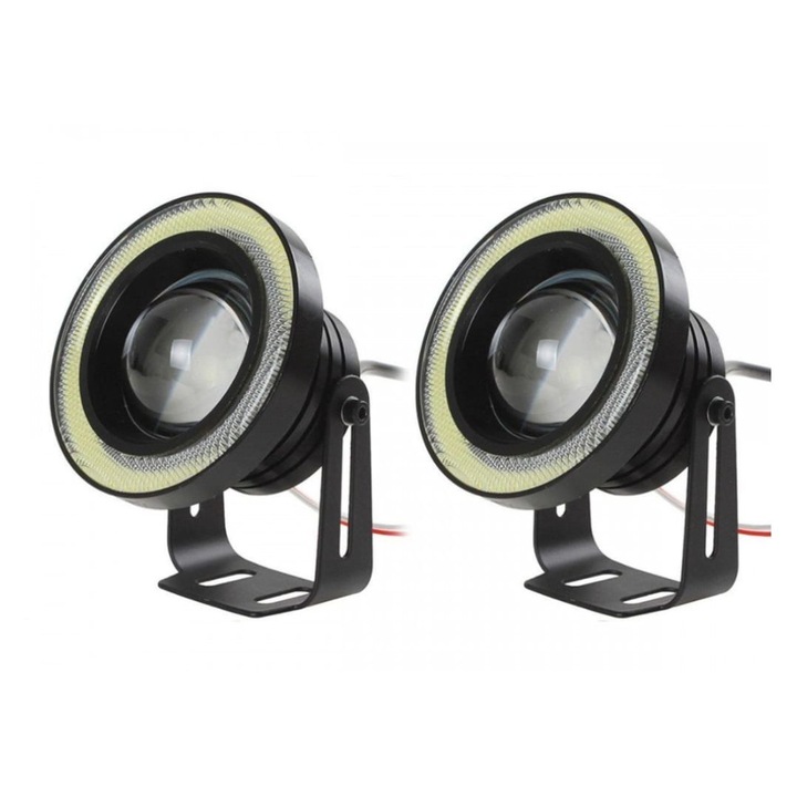 Комплект от 2 LED проектора AutoREY®, с RGB лупа и ангелски очи с диаметър 76 mm, цвят 6000k Бяло за кола, мотоциклет, ATV, 12V