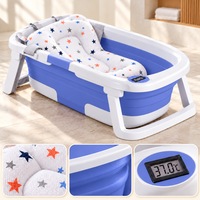 Cadita de baie pentru bebelusi Pitikot®️, cu Termometru Incorporat, Display LCD, pernuta textila, portabila, pliabila in 2 moduri, dop indicator de temperatura, picioare antiderapante, suport cap de dus, 63 x 42 x 20 cm, culoare Albastru