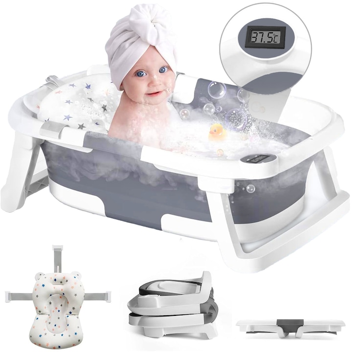 Cadita de baie pentru bebelusi Pitikot®️, cu Termometru Incorporat, Display LCD, pernuta textila, portabila, pliabila in 2 moduri, dop indicator de temperatura, picioare antiderapante, suport cap de dus, 63 x 42 x 20 cm, culoare Gri