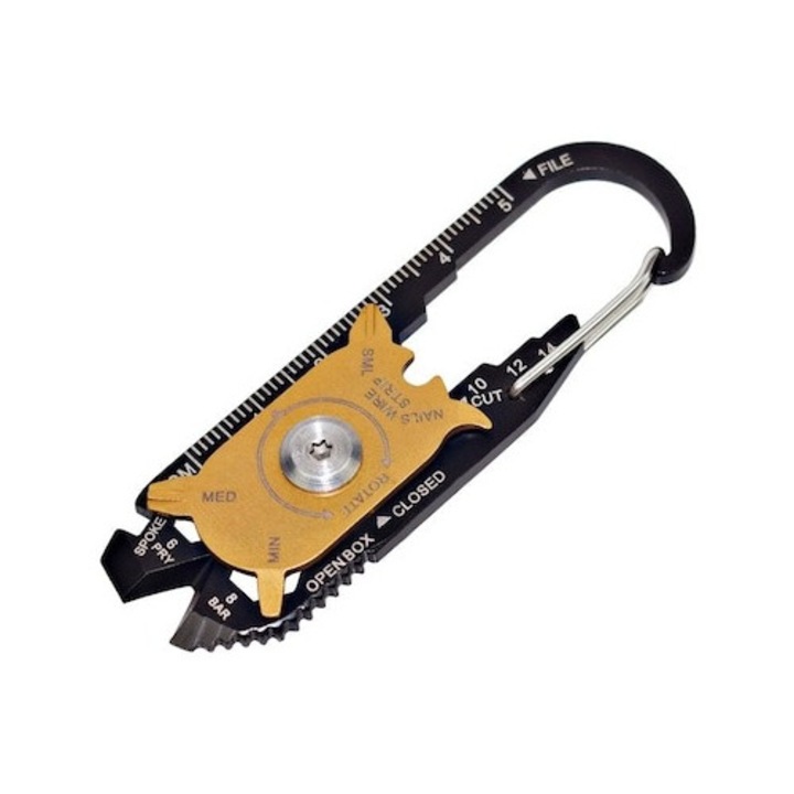 Unealta multifunctionala, 20 Accesorii, Tip breloc, Otel inoxidabil, Negru/Auriu, Dactylion®