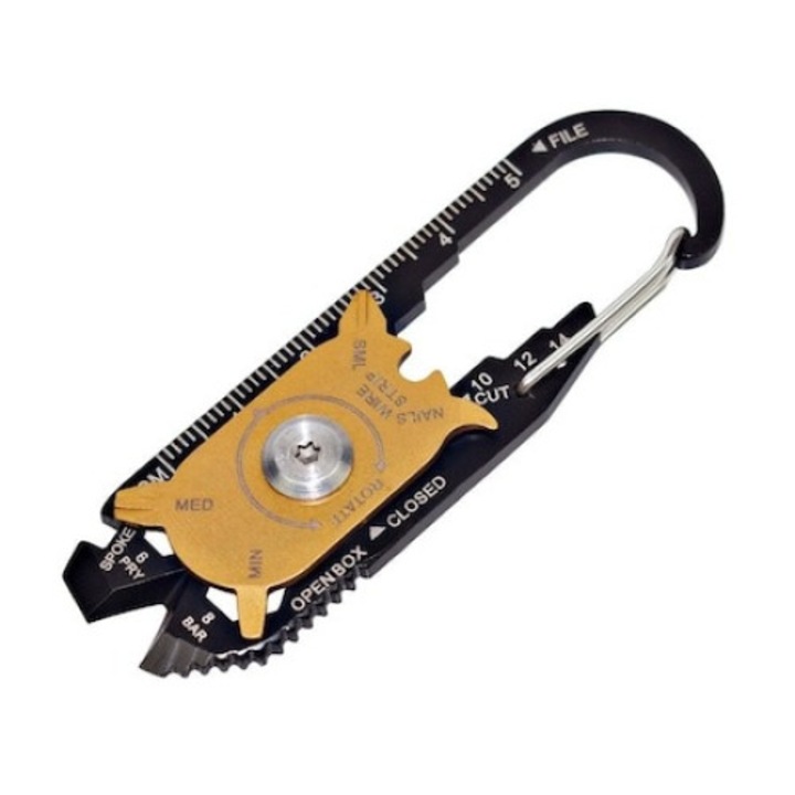 Többfunkciós szerszám, 20 tartozék, kulcstartó típus, rozsdamentes acél, fekete/arany, Dactylion®