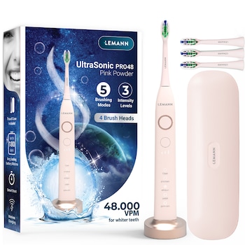 Periuta de dinti sonica electrica LEMANN UltraSonic Pro48, 48000 pulsatii/min, 5 moduri de curatare, 3 niveluri de intensitate, smart start, timer 2 minute, toc pentru calatorit, incarcare wireless, autonomie baterie 180 zile, 4 capete incluse, Roz pudrat