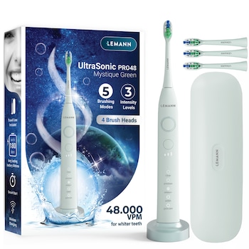 Periuta de dinti sonica electrica LEMANN UltraSonic Pro48, 48000 pulsatii/min, 5 moduri de curatare, 3 niveluri de intensitate, smart start, timer 2 minute, toc pentru calatorit, incarcare wireless, autonomie 180 zile, 4 capete incluse, Verde fistic