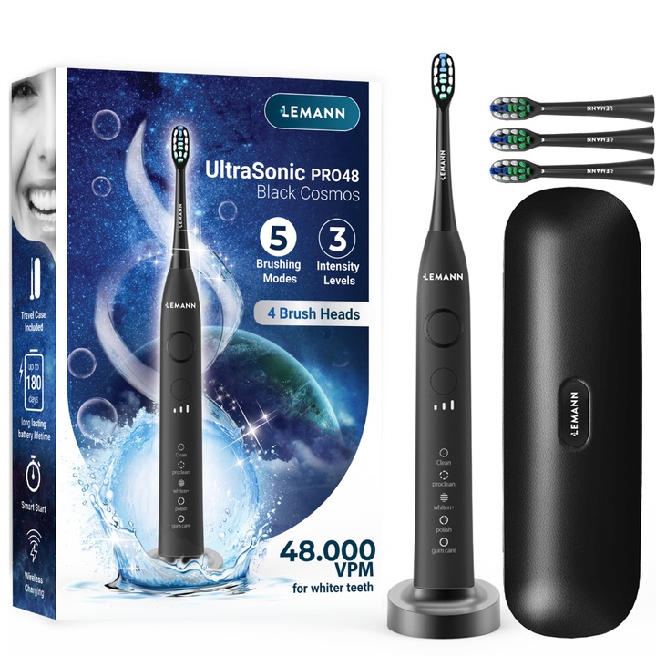 Periuta de dinti sonica electrica LEMANN UltraSonic Pro48, 48000 pulsatii/min, 5 moduri de curatare, 3 niveluri de intensitate, smart start, timer 2 minute, toc pentru calatorit, incarcare wireless, autonomie baterie 180 zile, 4 capete incluse, Negru