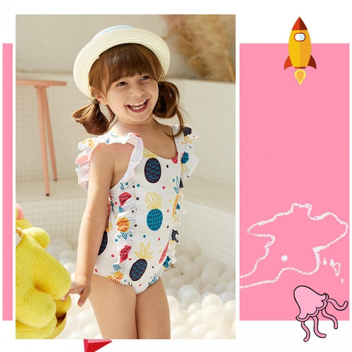 Costum de baie Ananasi Drool, alb, 8-9 ani
