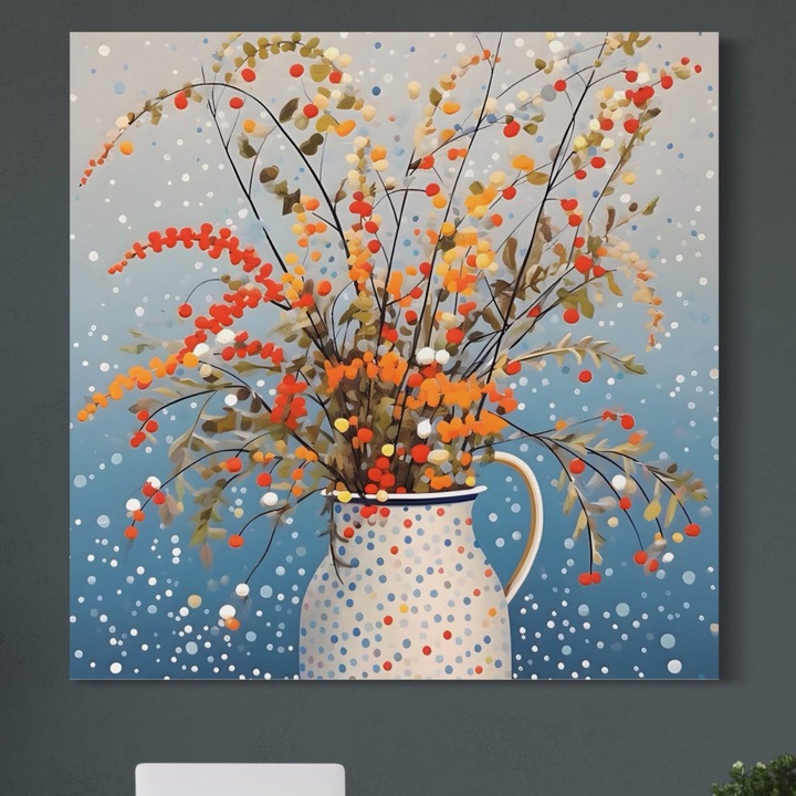 Премиум Канава Картина, LuxCanva® A1460, Ваза с Точки, 100 X 100 СМ, 100% Памучно Платно 400гр/м2, Дървена Рамка, Всекидневна, Декоративен, Цветя, Пролет, Хармония, Стая, Живи Цветове