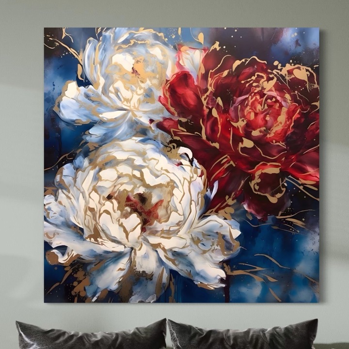 Премиум Канава Картина, LuxCanva® A1463, Златни Линии, 100 X 100 СМ, 100% Памучно Платно 400гр/м2, Дървена Рамка, Цветя, Трио, Златно Фолио, Стая, Ярки Цветове