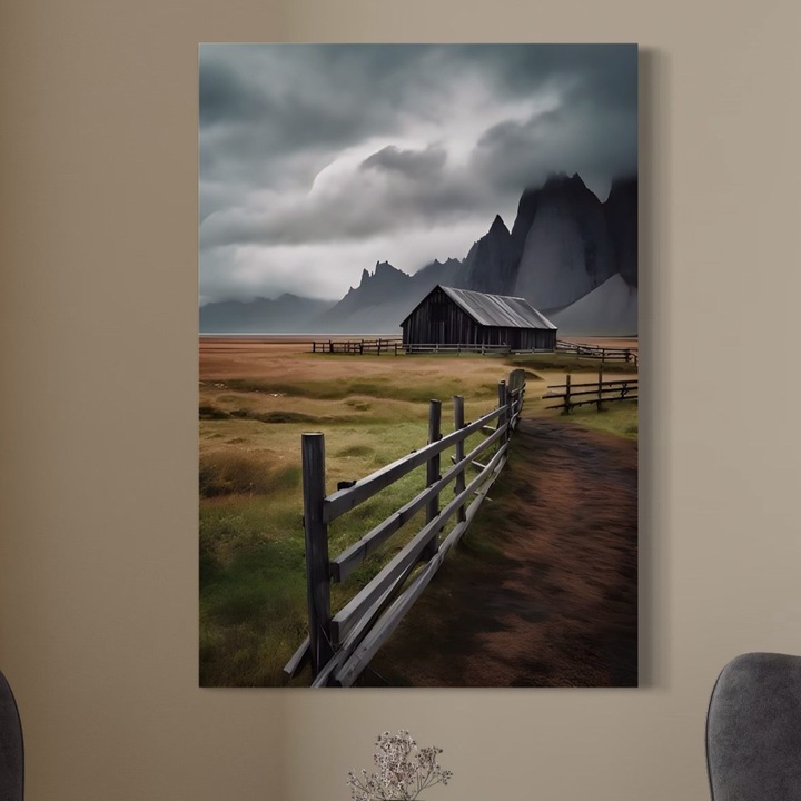 Премиум картина върху платно, LuxCanva® A1464, Близо до планината, 100 X 150 см, 100% памучно платно 400 г/м2, дървена рамка, хол, къща, пейзаж, ограда, декоративна, ярки цветове