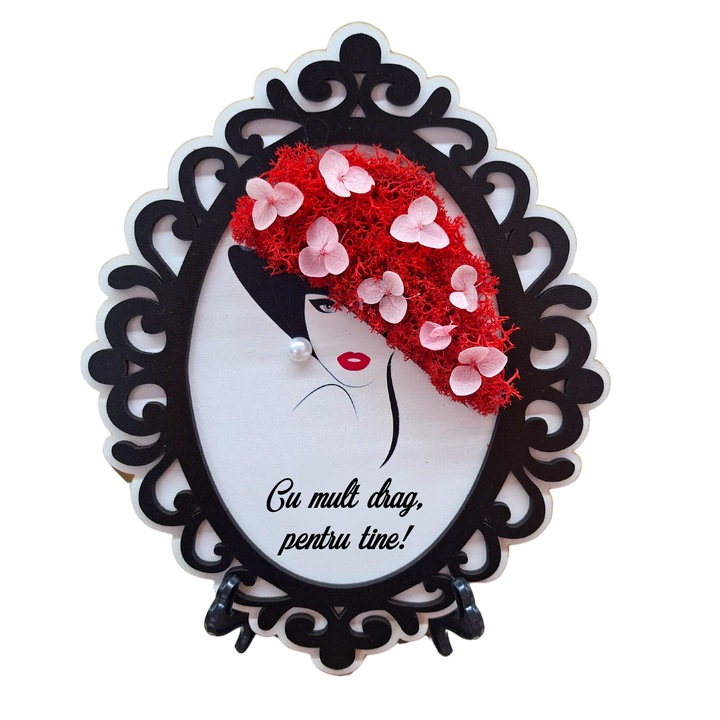 Tablou din lemn model brodat A5 (15x21 cm) - Cu mult drag, pentru tine! - v2 decorat cu licheni stabilizati rosii si hortensii criogenate roz