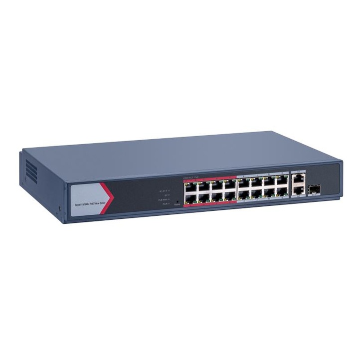 Switch PoE Hikvision DS-3E1318P-EI/M: 16 × 10/100 Mbps PoE port, 1 × Gigabit combo, 1 × Gigabit RJ4