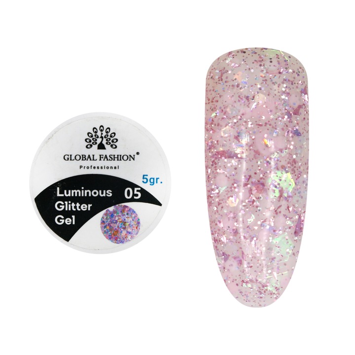 Gel color, Global Fashion, Luminous Glitter, cu sclipici, 5 gr, Roz 05