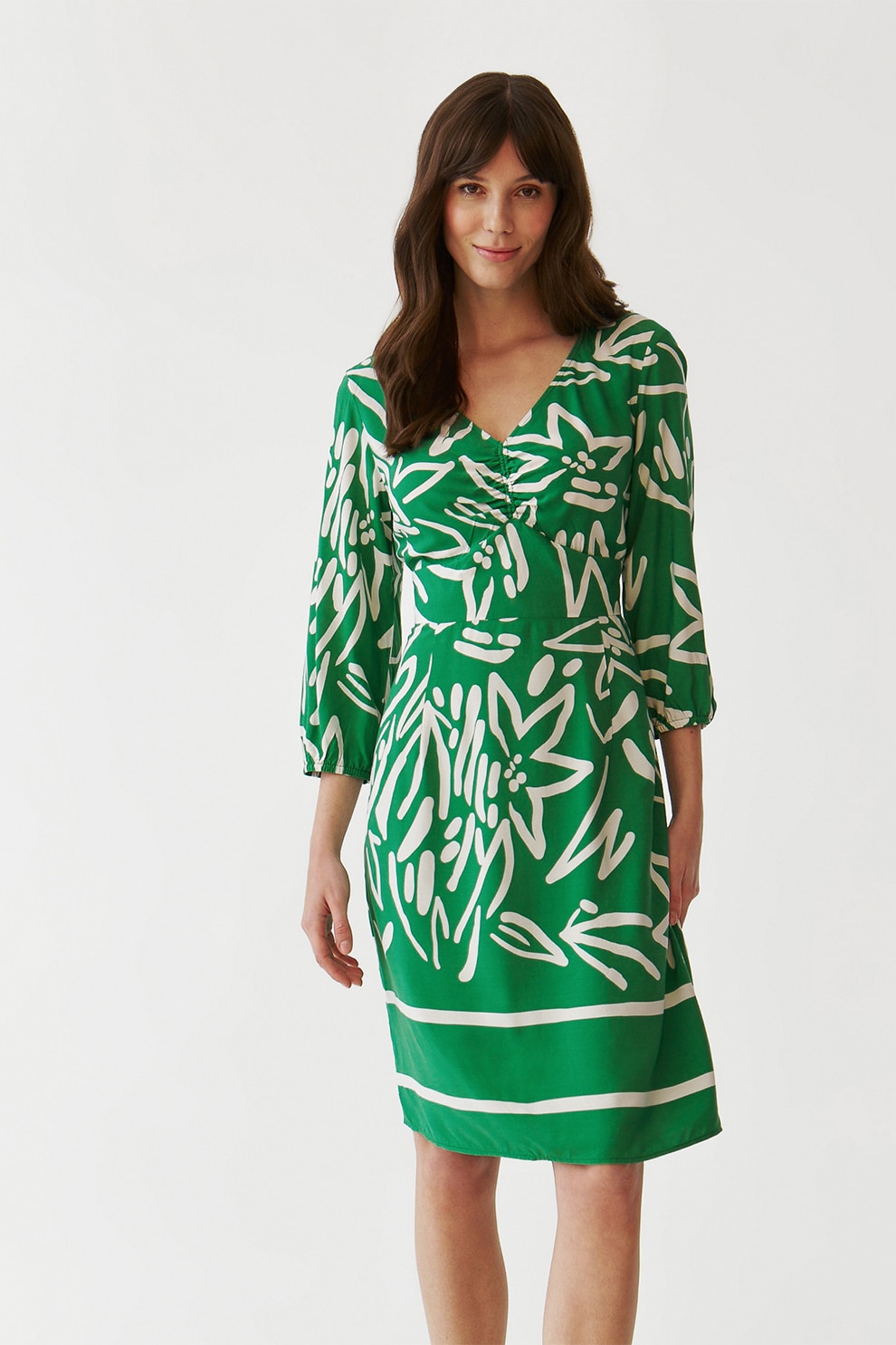 Tatuum, Rochie cu decolteu in V si maneci 3/4 Mondi, Verde marin, 36