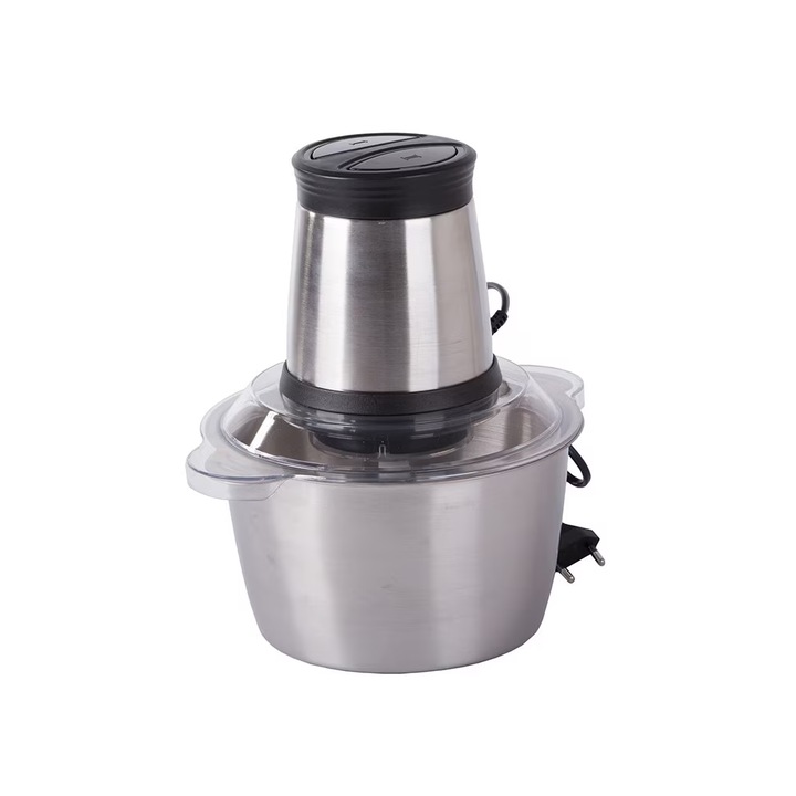 Elektromos aprító, rozsdamentes acél tál, többfunkciós húshoz, gyümölcsökhöz és zöldségekhez, 2 literes űrtartalom, erős 250 W-os motor, ezüst ABYZ®™