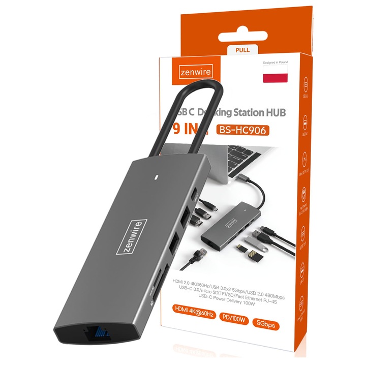 HUB USB-C 3.1 Zenwire адаптер 9in1 HDMI 2.0 4K 60Hz Gigabit Ethernet 1000 MBps RJ-45 USB 3.0 Power Delivery 100W за Macbook M1 M2 и Windows