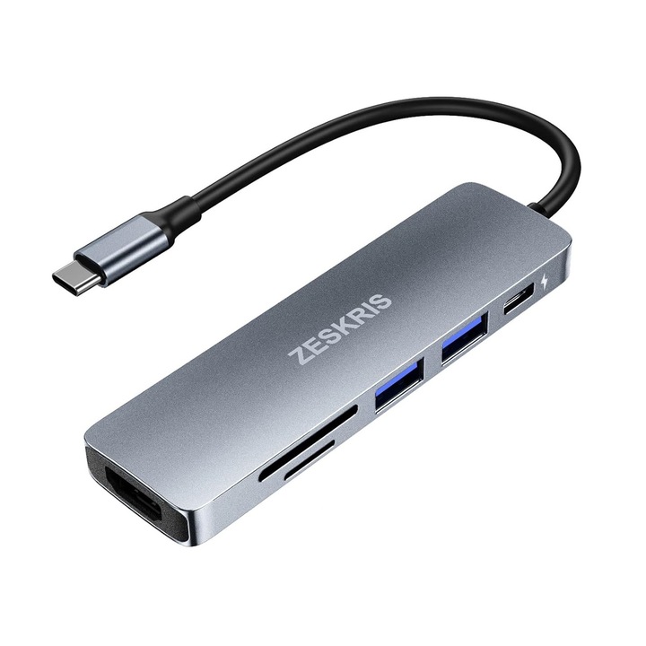 Hub USB C, Adaptor Multiport 6 in 1 cu 2 USB 3.0 Cititor de carduri SD/Micro SD 4K HDMI 100W PD pentru Macbook Air/Pro si alte dispozitive de tip C