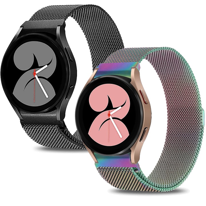 Set 2 curele smartwatch, Matcheasy, Inox, Pentru Samsung Galaxy Watch 7/6/5/4 40mm 44mm/ 5 Pro 45mm/ 4 /6 Classic 42mm 46mm 43mm 47mm, Magnetica, Negru/Rainbow
