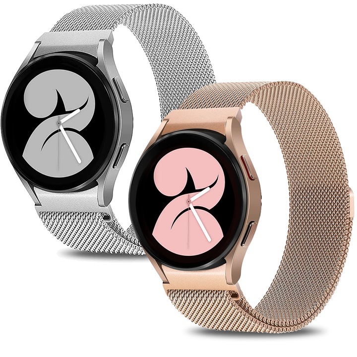 Set 2 curele smartwatch, Matcheasy, Inox, Pentru Samsung Galaxy Watch 7/6/5/4 40mm 44mm/ 5 Pro 45mm/ 4 /6 Classic 42mm 46mm 43mm 47mm, Magnetica, Argintiu/Aur Roz