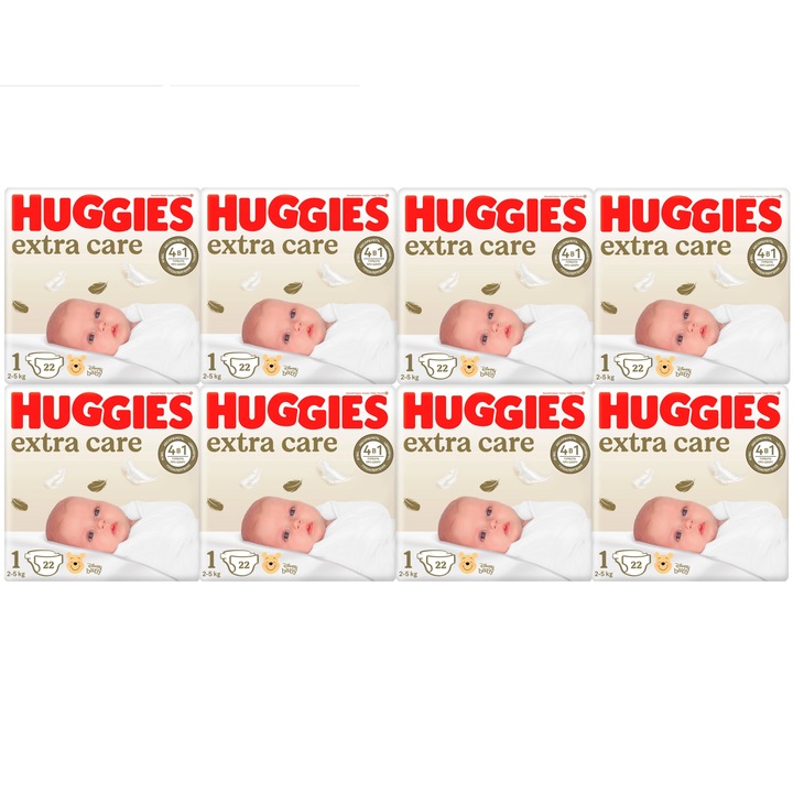 Комплект пелени Huggies Extra Care 1 Jumbo, 2-5 кг, 176 броя