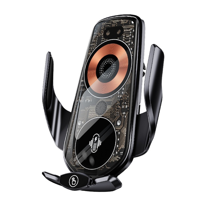 Suport pentru telefon, incarcare wireless, cu fixare in grila ventilatie, LLUNNA, deschidere si prindere automata, culoare negru, compatibil telefoane intre 4.7 si 7 inch