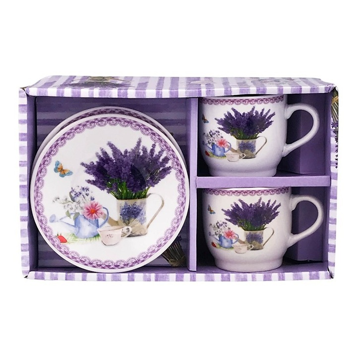 Set din ceramica format din doua cesti cu farfurie, cu lavanda, 24x15 cm, multicolor, M1