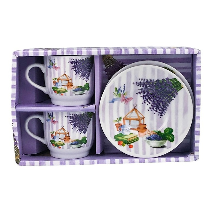 Set din ceramica format din doua cesti cu farfurie, cu lavanda, 24x15 cm, multicolor, M2