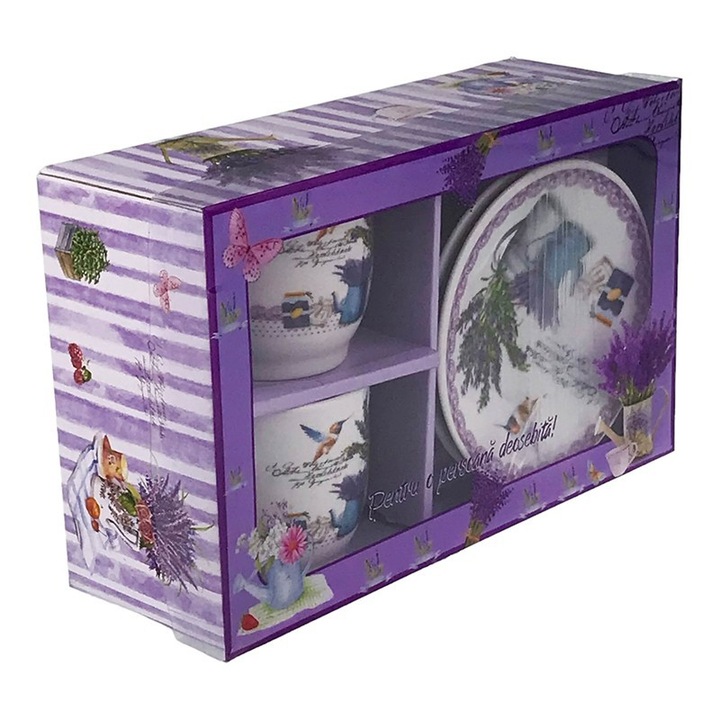 Set din ceramica format din doua cesti cu farfurie, cu lavanda, 24x15 cm, multicolor, M3
