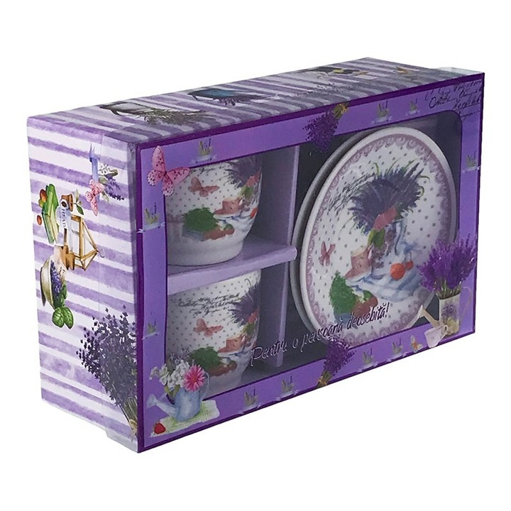 Set din ceramica format din doua cesti cu farfurie, cu lavanda, 24x15 cm, multicolor, M4