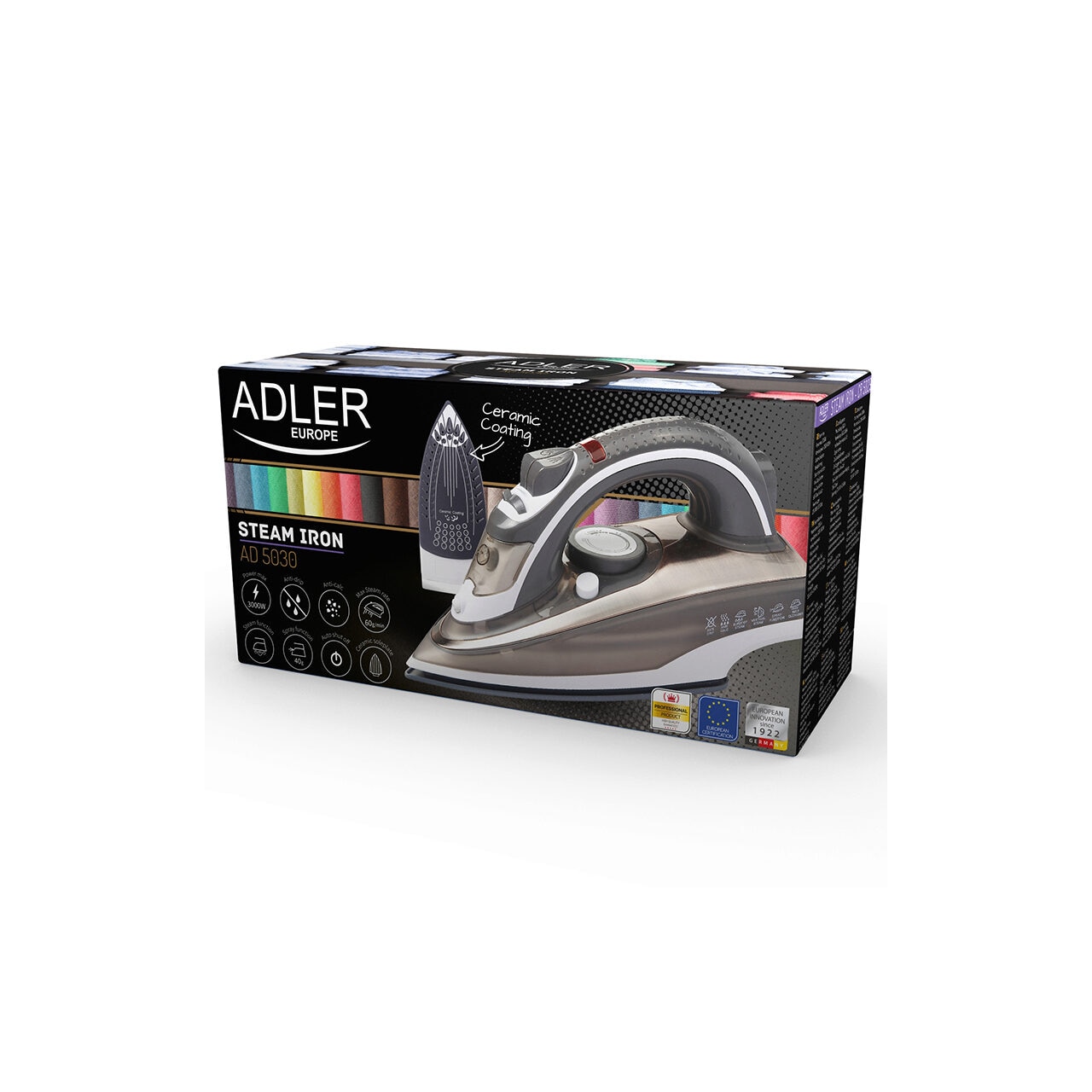 Fier de calcat ADLER AD5030 ceramic, 3000W, abur, 310ml, alb-cupru