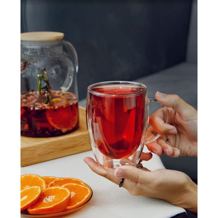 Cana ceai din sticla cu pereti dubli termorezistenti, 350 ml
