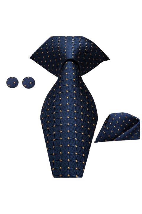 Set Cravata, Batista si Butoni, Albastru, 160 x 8.5 cm, Model Geometric, 100% Matase