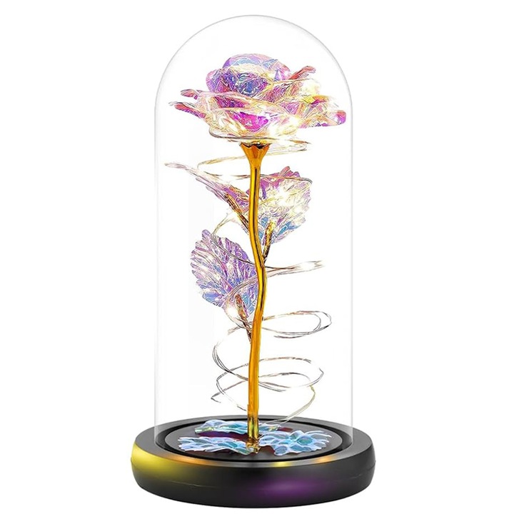 Trandafir etern, Criogenat, In Cupola de Sticla, Cu lumini LED, cutie eleganta, Cadouri unice pentru aniversare, nunta, absolvire, decorare camera, Multicolor