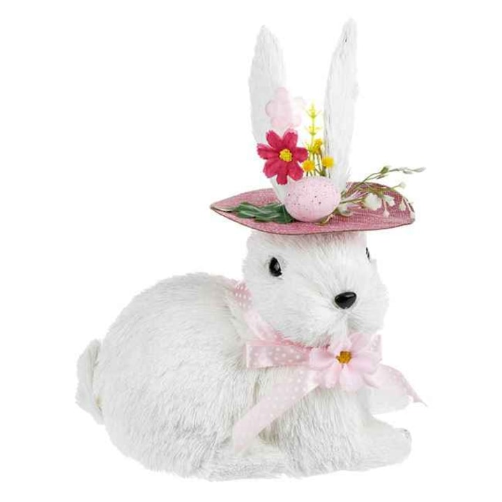 Fű húsvéti dekoráció fehér nyuszi kalap rózsaszín virágok