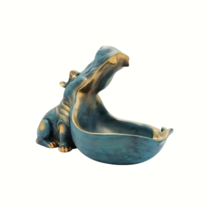 Decoratiune tip suport pentru depozitare obiecte mici, dulciuri, chei, in forma de hipopotam, pentru living, terasa, birou, hol, bucatarie, rasina, albastru, 28cm x 15cm x 21