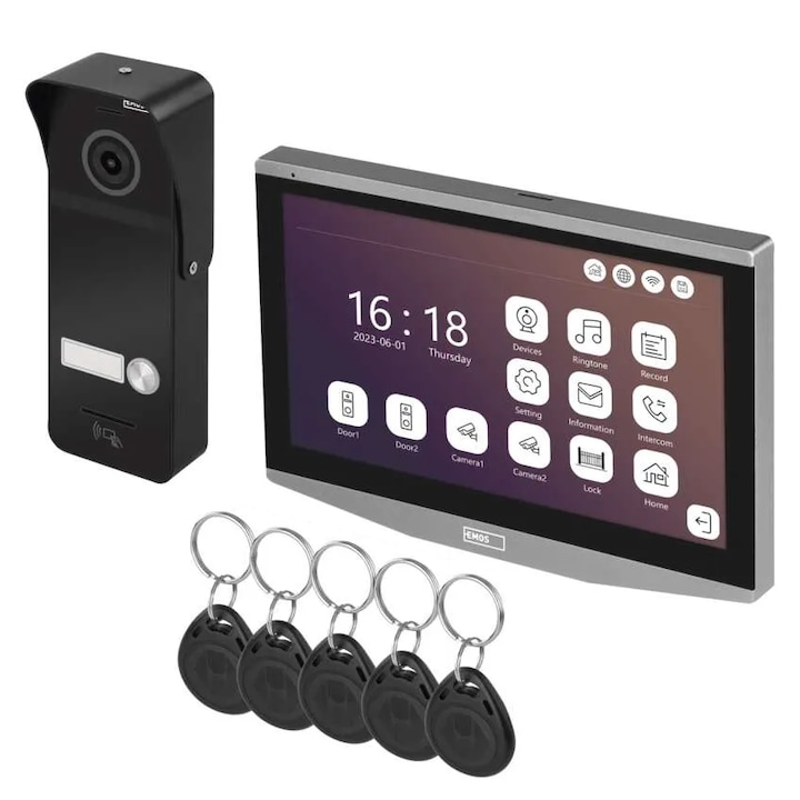 WiFi видеодомофон с карти за достъп, GoSmart EMOS, 7" екран, детекция на движение