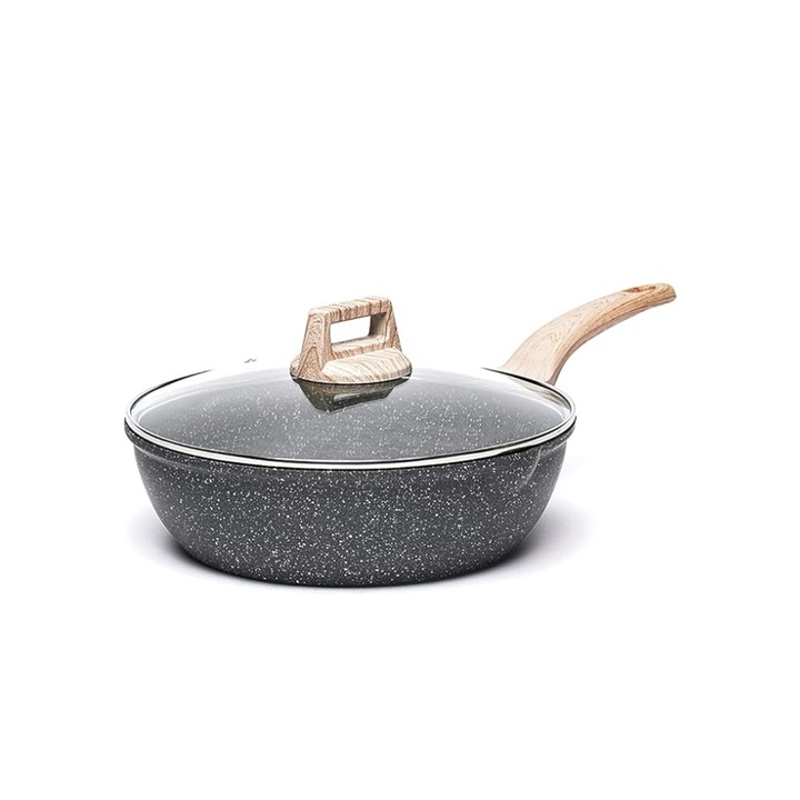 Tigaie Wok CAROTE, cu strat antiaderent, capac si maner din lemn, adanca, 32 cm 6.1L, Negru